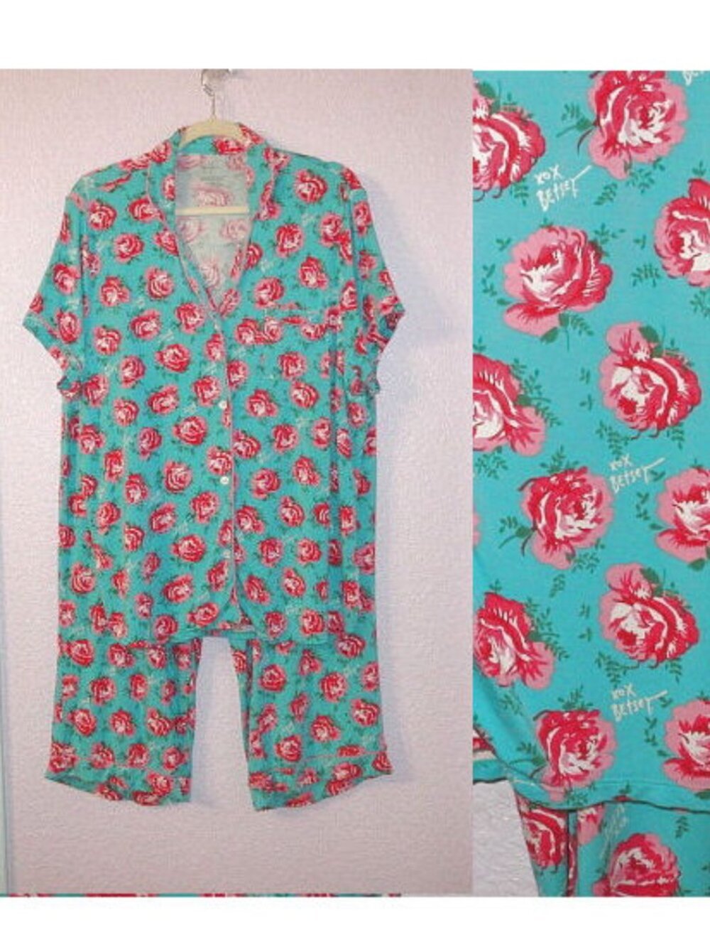 Betsey Johnson Floral Pajama Set Womens XL Top & Pants 2 Piece Rose Cottagecore